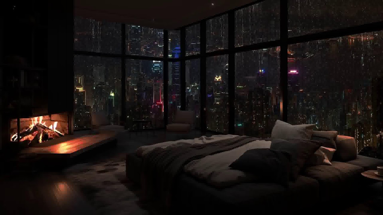 Rainy City Night – Warm Fireplace and Gentle Rain Sounds for Peaceful Sleep