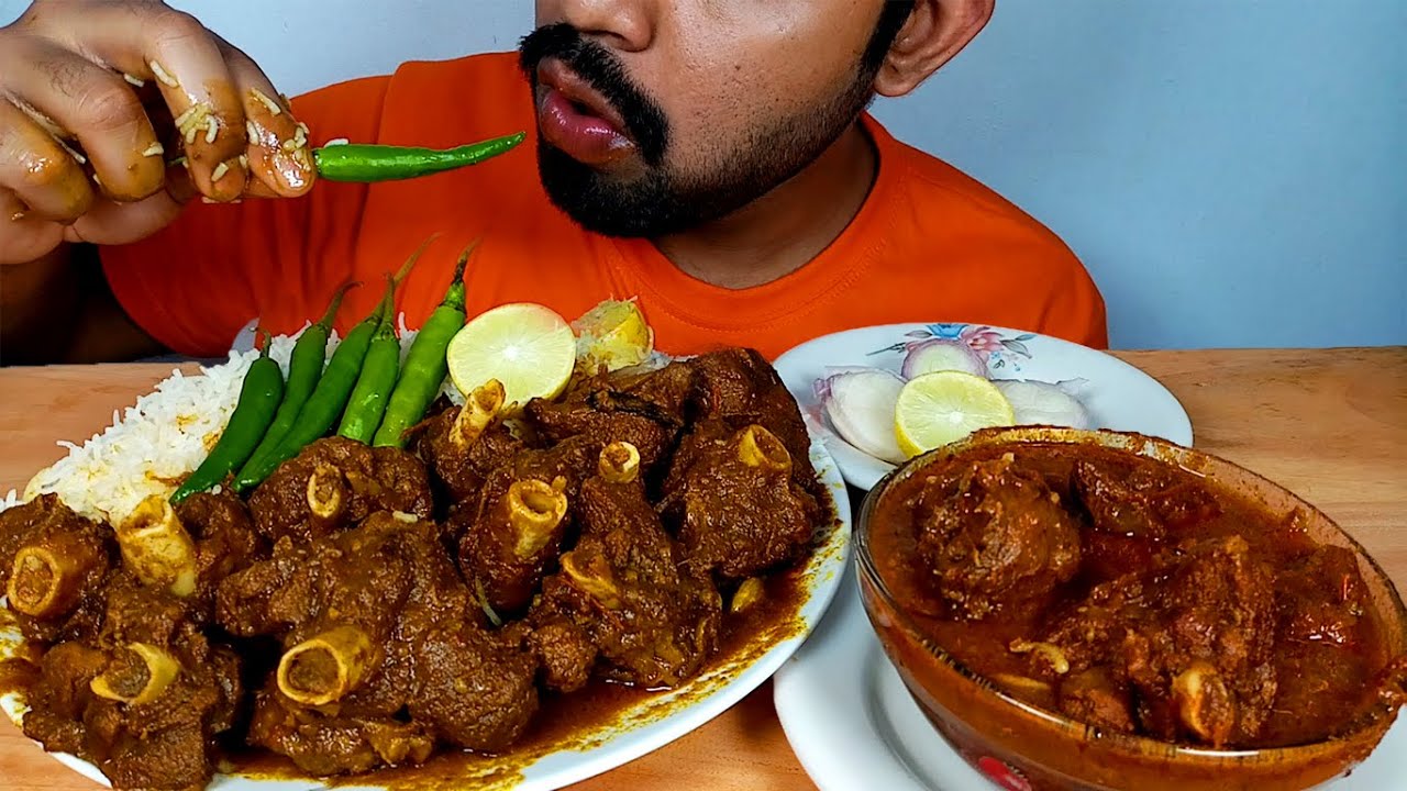 SPICY MUTTON CURRY EXTRA GREEN CHILLI AND RICE EATING SHOW#HUNGRYpiran