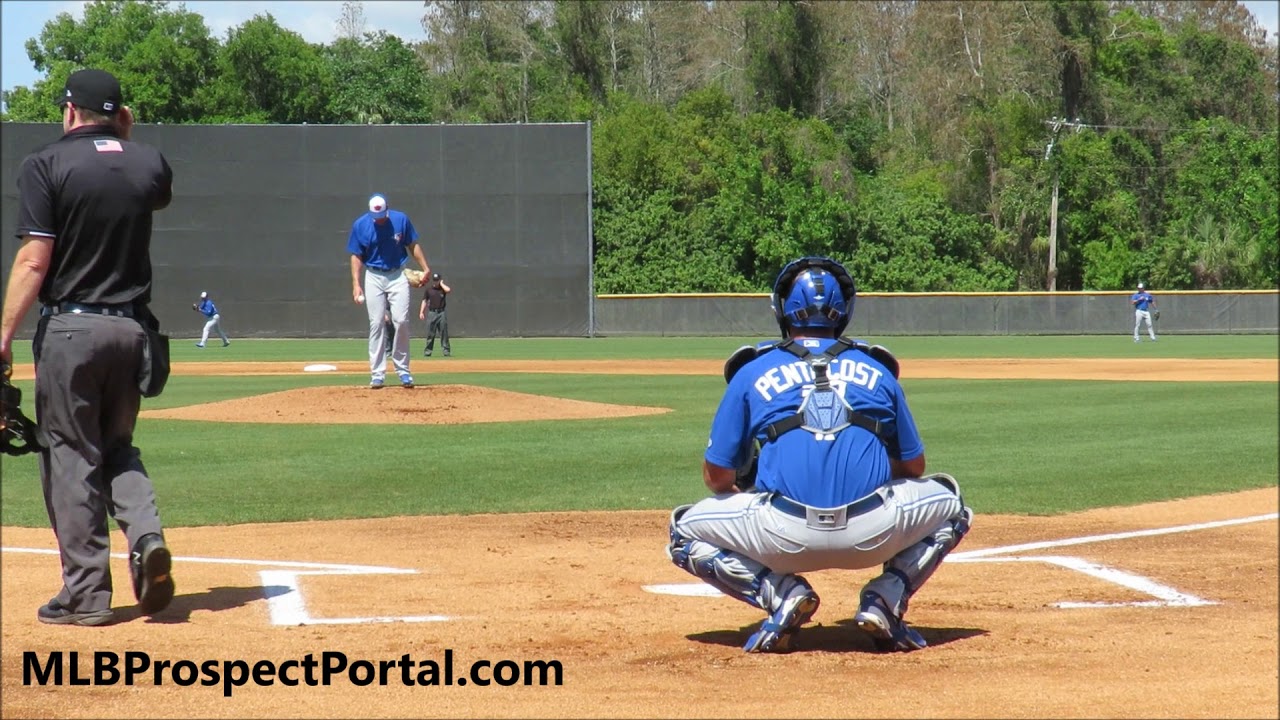 Jacob Waguespack warming up on the mound with Max Pentecost - Toronto Blue Jays - 2019 MiLB ST