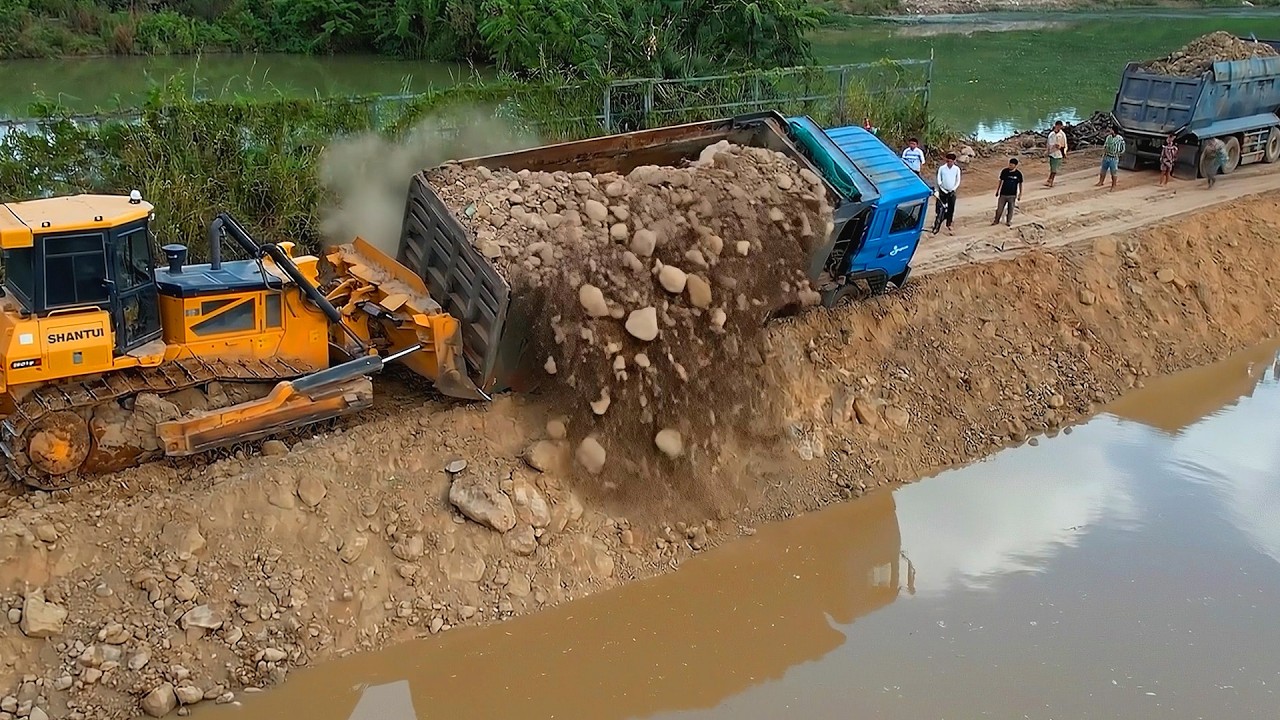 Skill Driver Dozer Help Dump Truck Have Problem When Drive Back Unloading Soil