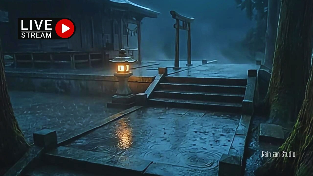 🔴LIVE Traditional Japanese Rain — Shrine Courtyard & Stone Lantern | Sleep Session
