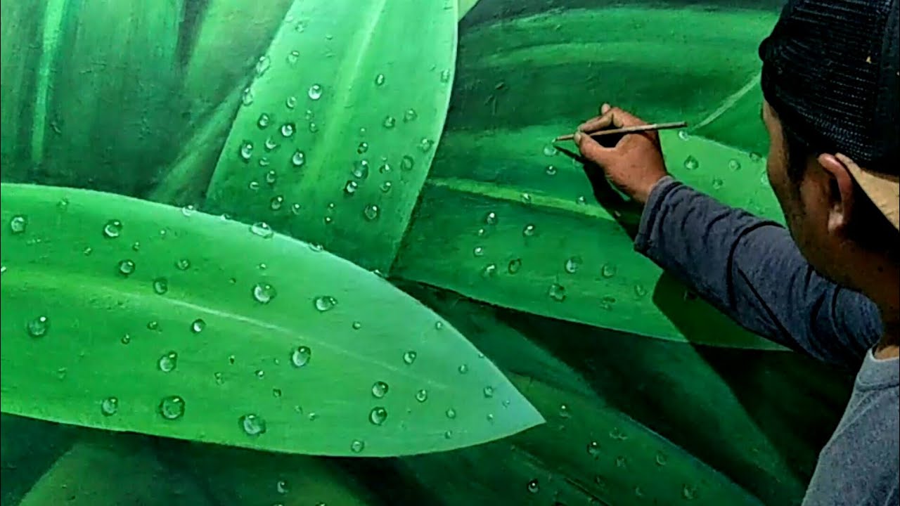 Inspirasi Dekoratif Dinding Nuansa Sejuk !! Buat Motif Gelembung Percikan Air di Atas Daun Hijau