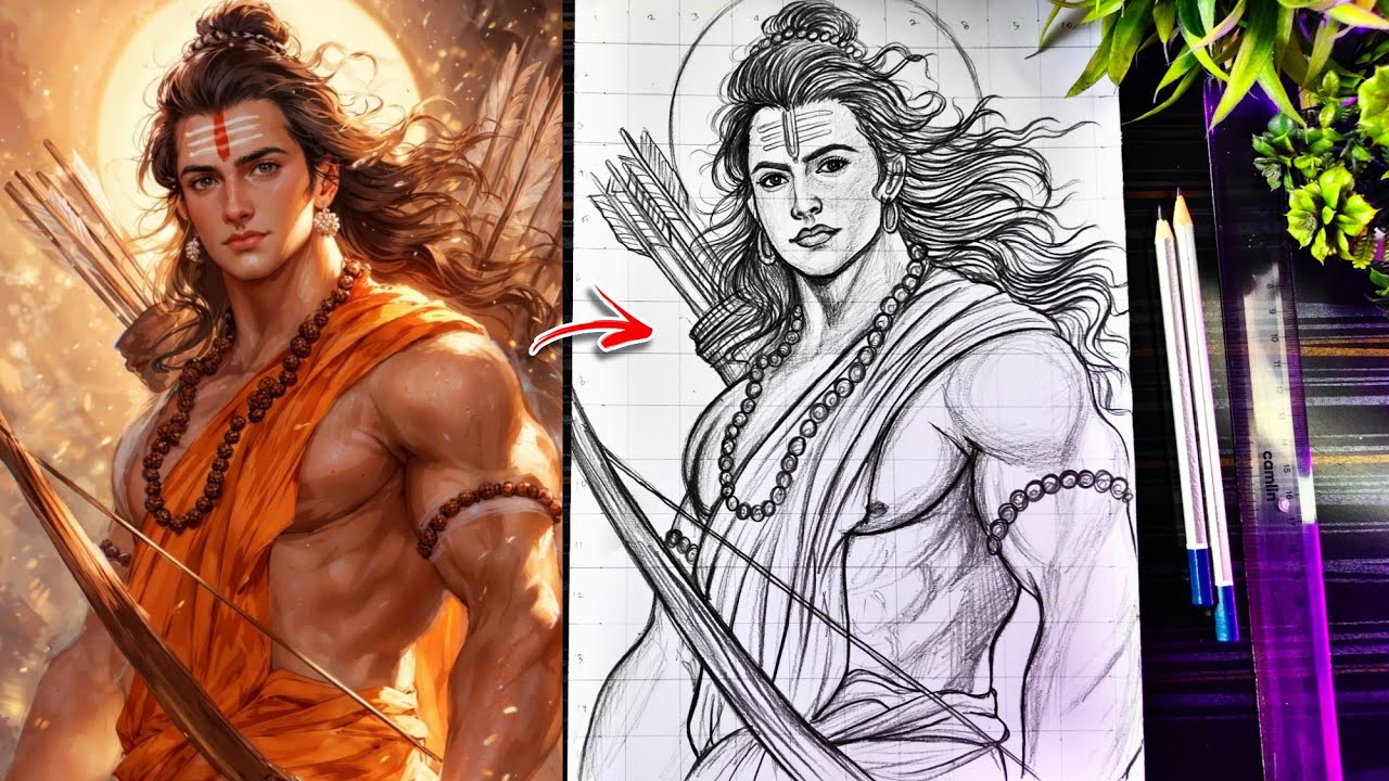 How To Draw Lord Ram Ji In Anime Style, Shree Ram Drawing With Grid Method, Step By Step