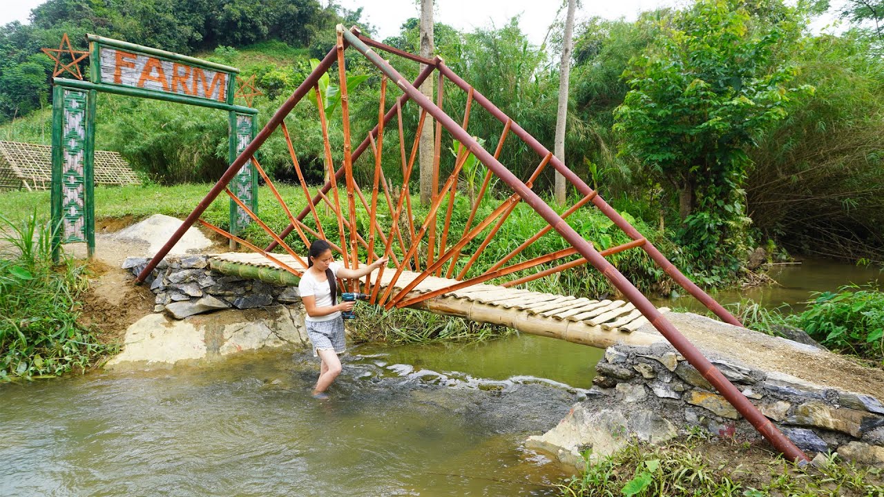 Flood Destroys Bamboo Bridge, Technique Rebuild Bridge With Cement And Stone, Building Farm