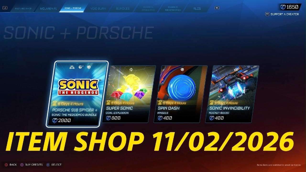 Rocket League ITEM SHOP 11/02/2026 - SONIC BUNDLES & GRAND SLAM