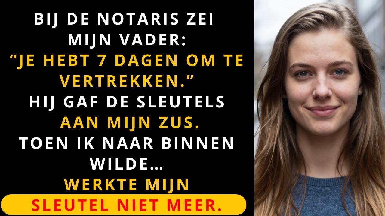 Bij de notaris zei mijn vader: “Je hebt 7 dagen om te vertrekken” — en gaf hij de sleutels aan mijn…