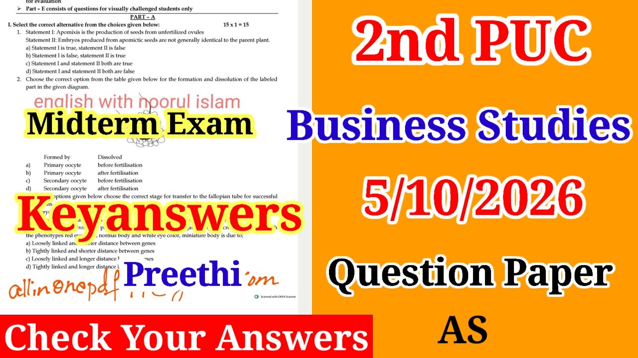 2nd PUC Business Studies Midterm Question Paper 2026 with Answers