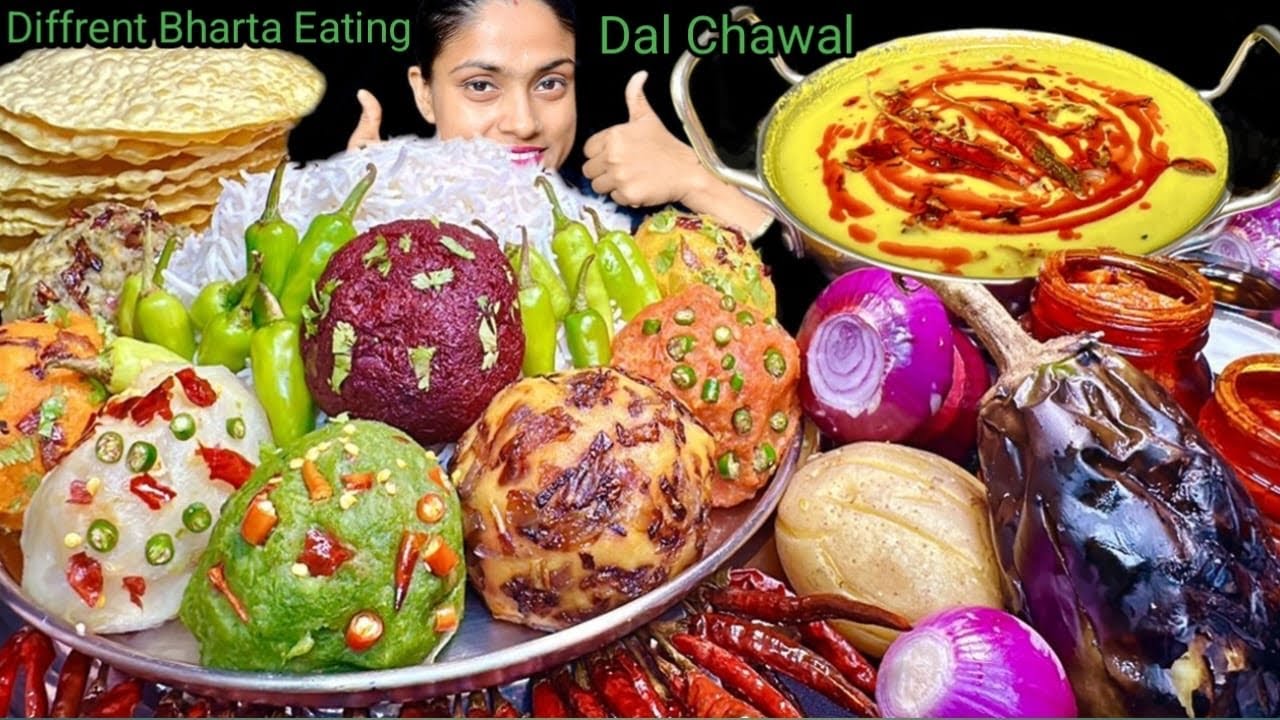 Eating Different Types Of Bhorta, Spicy Achar, Dal Chawal Papad, Chilli Aloo Bhorta Palak Bhorta 