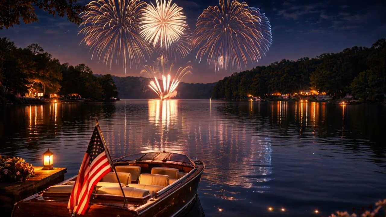 Patriotic Fireworks Over the Lake | American Flag & Lapping Water Ambience | 3 Hours
