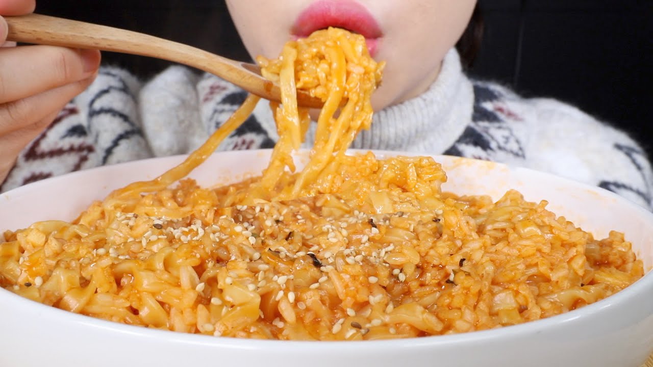 ASMR Soupy Fire Noodles Rice Porridge | Ra-Juk | Instant Ramen Rice Porridge | Eating Sounds Mukbang