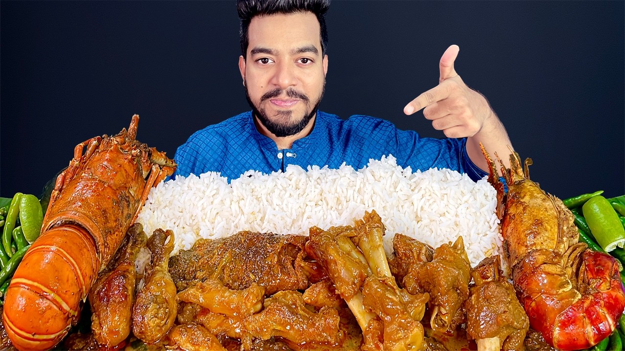 ASMR EATING SPICY MUTTON CURRY, PRAWN CURRY, GIANT LOBSTER,CHICKEN LEG PIECE, FISH CURRY EATING SHOW