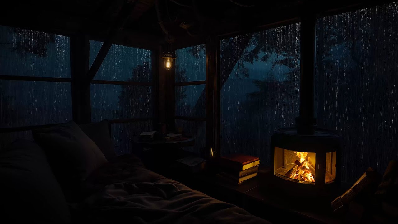 Rainy Forest Night from a Cozy Cabin with Fireplace | Calm Sounds for Deep Focus