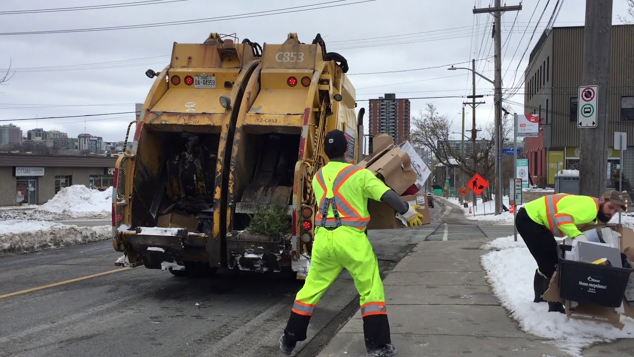 City Of Ottawa Cardboard Recycling & Compost Pickup With A Freightliner Sanitation Truck.
