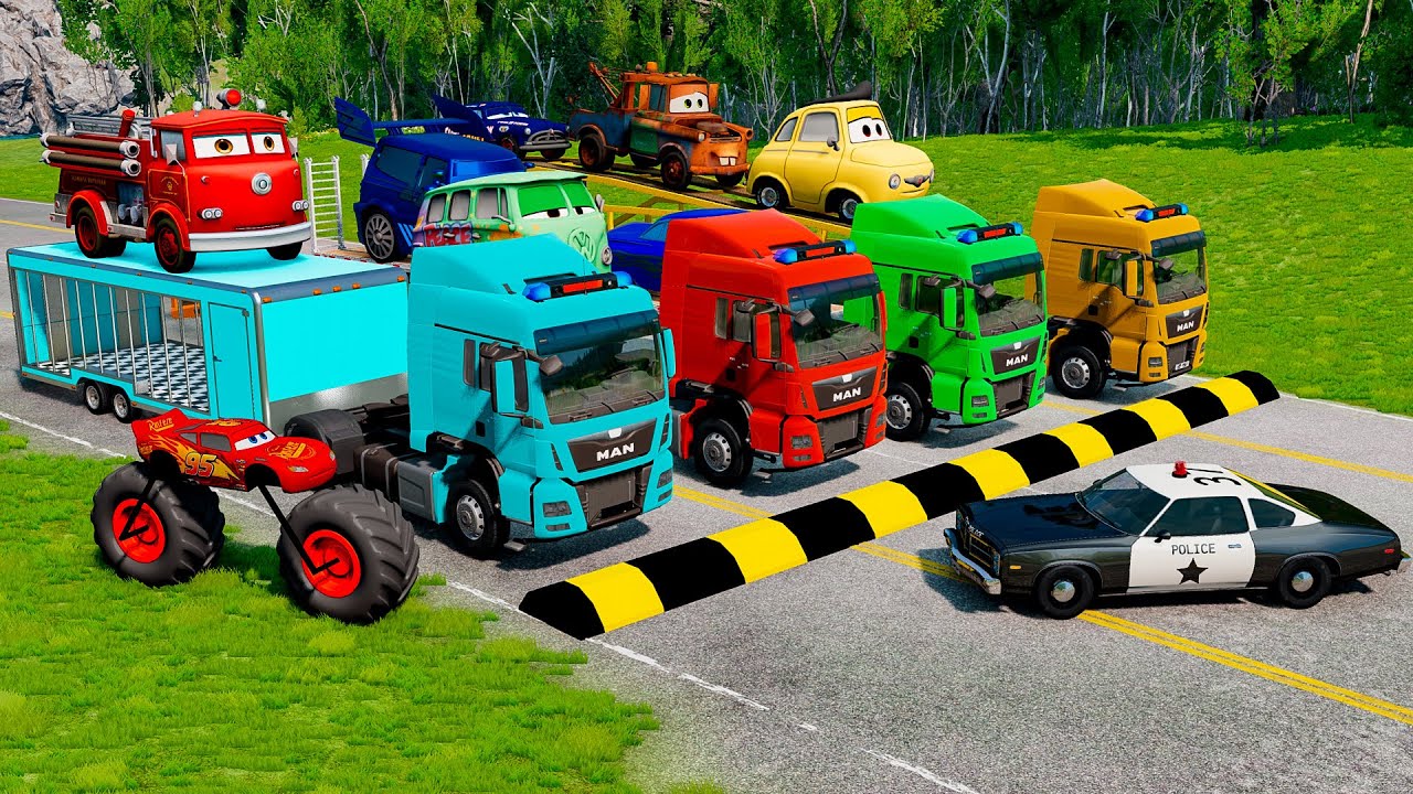 Quadruple Trucks Transporting cars with Flatbed Trailers | Cars vs Speedbump vs Train vs Pothole