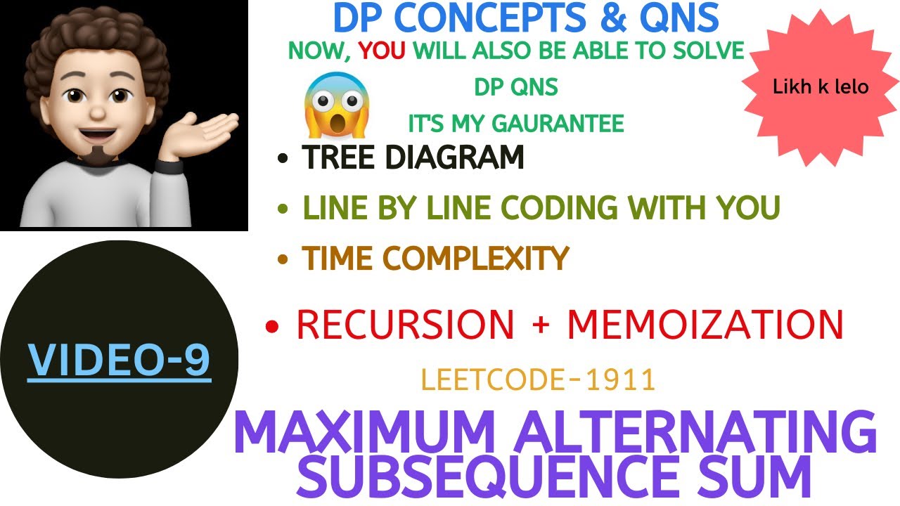 Maximum Alternating Subsequence Sum |Recursion & Memo|Tree Diagram|DP Concepts & Qns-9|Leetcode-1911