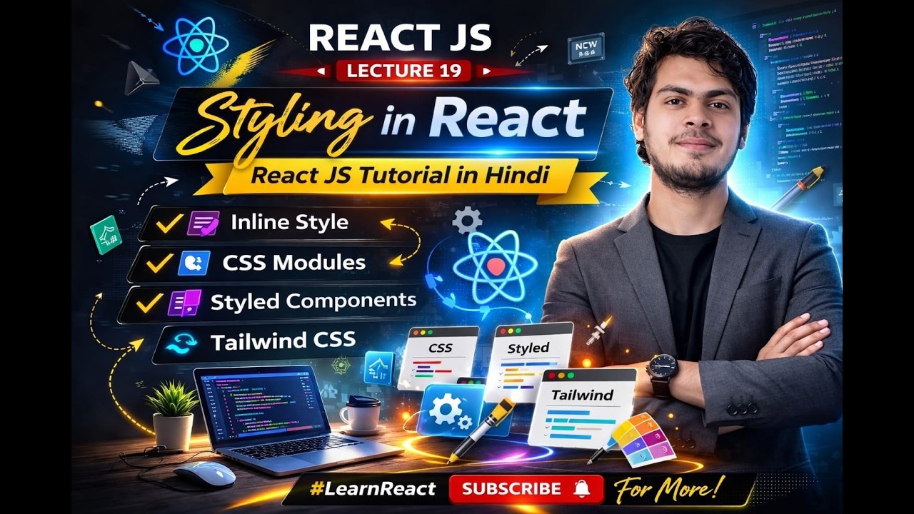 React JS Lecture 19 | Styling in React (Inline, CSS Modules, Styled Components, Tailwind) | Hindi