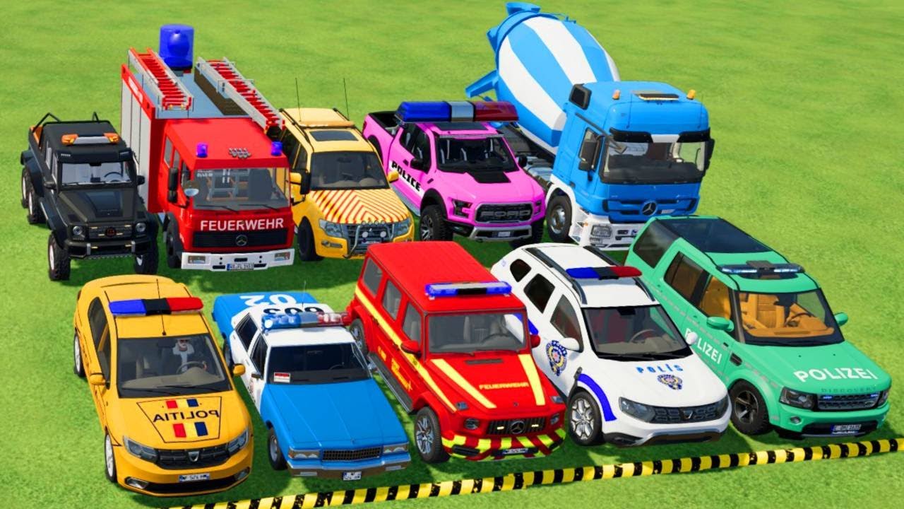 TRANSPORTING POLICE CARS, AMBULANCE, FIRE TRUCK, COLORFUL CARS WITH TRUCK -FARMING SIMULATOR 22!