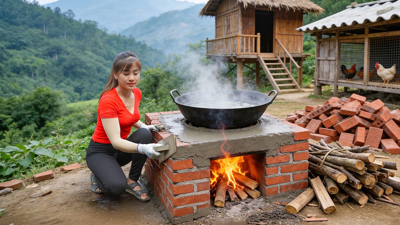 TIMELAPSE - Build a Stove & Pour the Kitchen Floor for My Log Cabin | Nhat DIY Builder