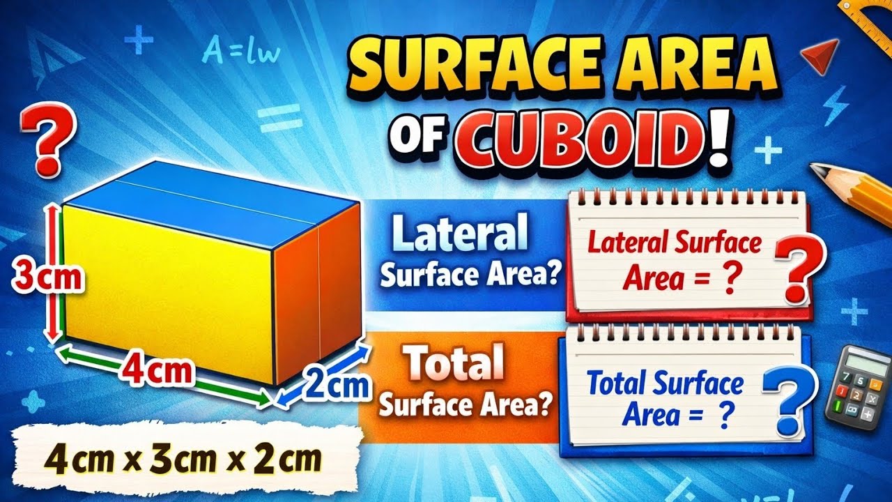 Lateral Surface Area and Total Surface Area of Cuboid | 4cm, 3cm, 2cm Example | Class 8 Maths