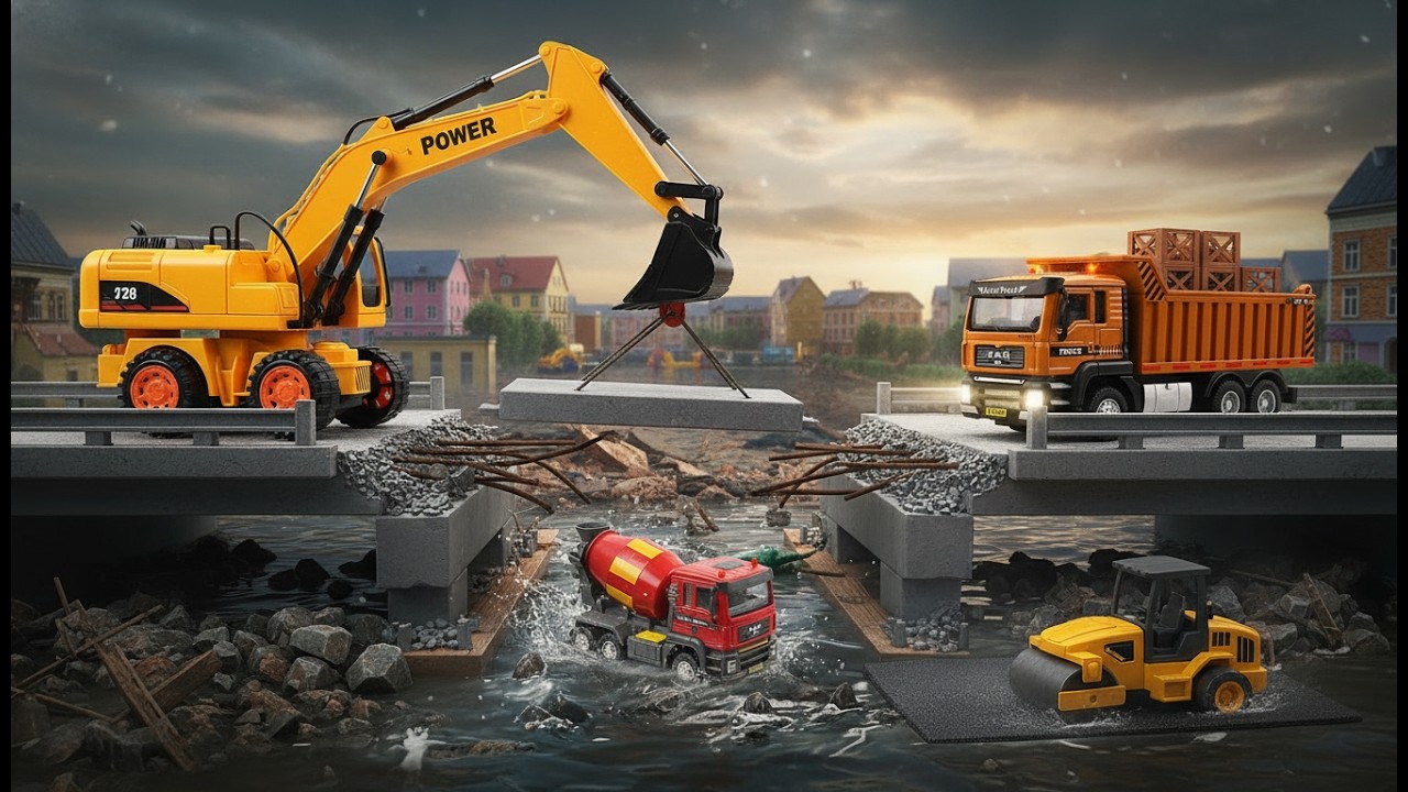 Fix the Broken Bridge! Excavator, Dump Truck, Fire Truck Car for Kids
