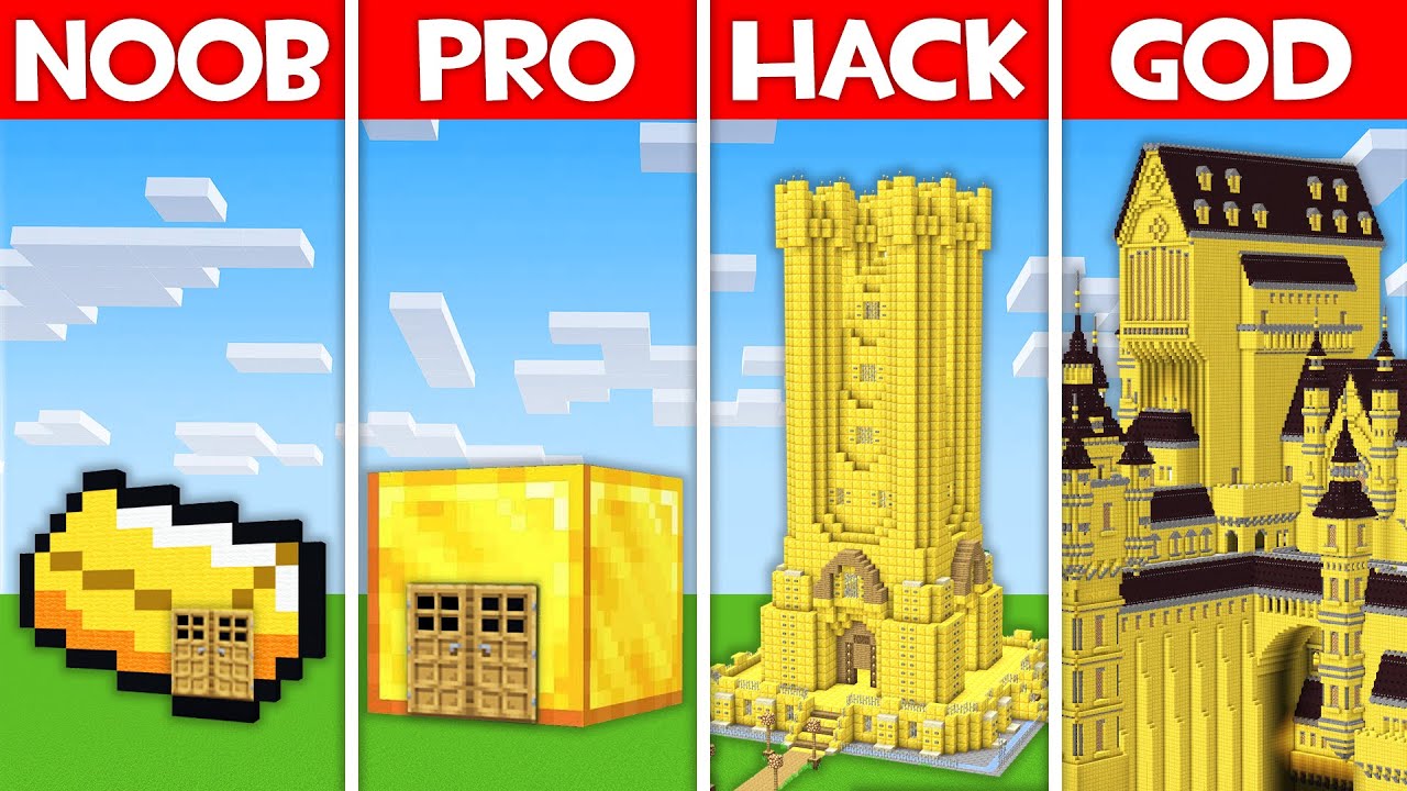 Minecraft Battle: GOLD HOUSE BUILD CHALLENGE - NOOB vs PRO vs HACKER vs GOD in Minecraft!