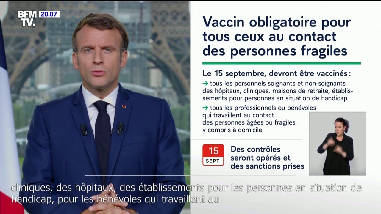 Emmanuel Macron annonce la vaccination obligatoire pour le personnel soignant d&egrave;s le 15 septembre