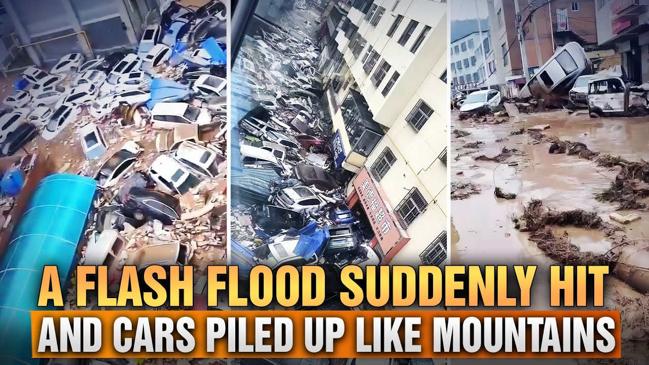 Hundreds of cars piled up like mountains after flash floods occurred in Yan'an, Shaanxi