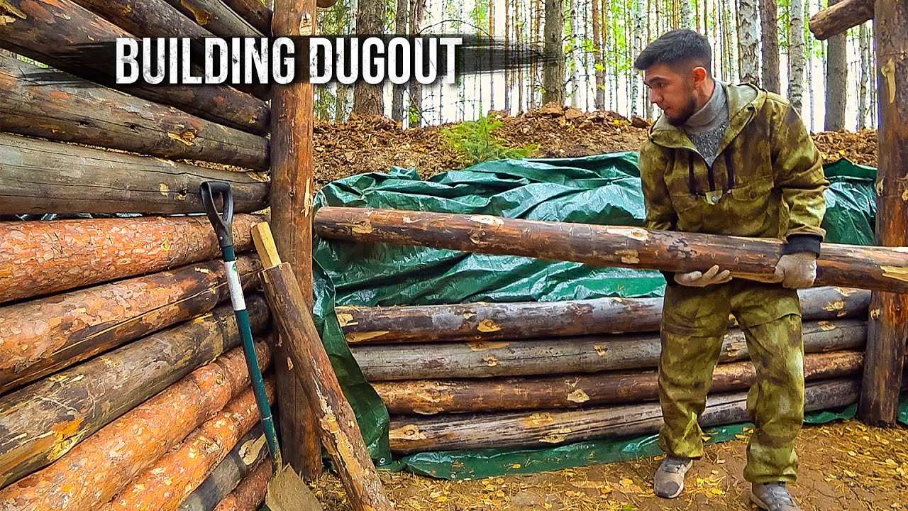 Dugout shelter. Log walls. Solo bushcraft camp. I am building a dugout in a wild forest. Part 3.