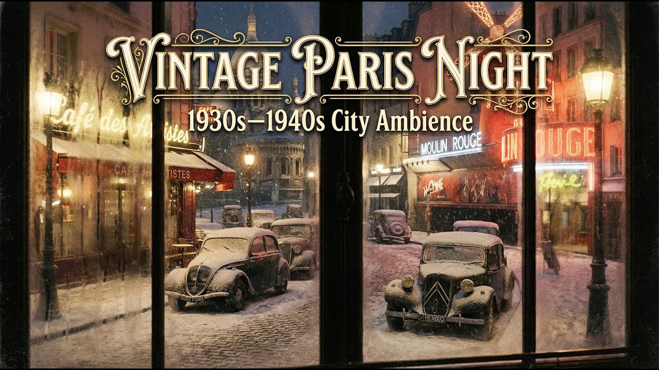 Vintage Music 1930s–1940s Paris | Snowy Montmartre Night Near Moulin Rouge