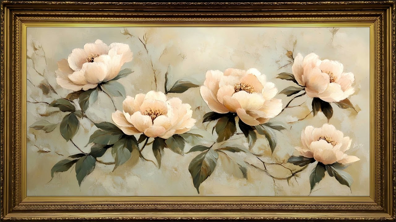 Peonies Romance, Vintage Oil Painting | Gold Framed Art Screensaver for TV