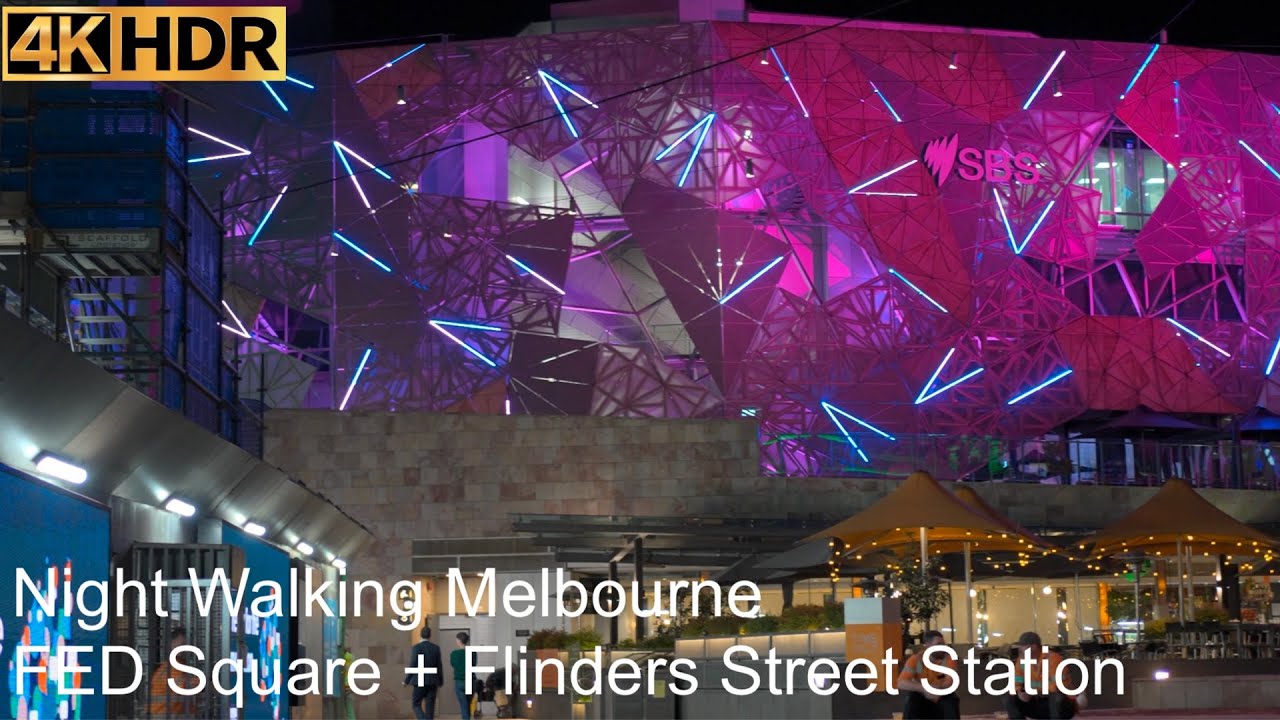Night Walking | FED Square and Flinders Street Station | Melbourne Australia | 4K HDR