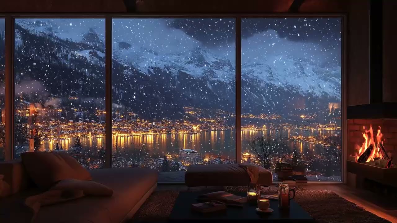Calm Winter Night ASMR | Falling Snow, Warm Fireplace Glow & Peaceful City View