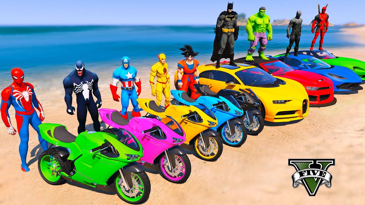 SUPERHEROES ARMY MOTORCYCLES RACING CHALLENGE on MEGA SKY RAMP, SPIDERMAN CARS STUNTS RACING - GTA 5