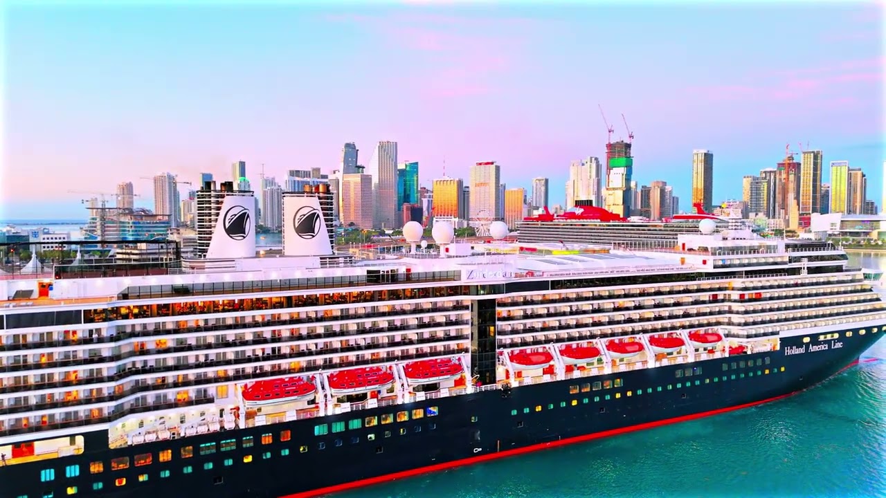 Holland America Line MS Zuiderdam Enters Miami Port | Sunrise Arrival with Iconic Miami Skyline
