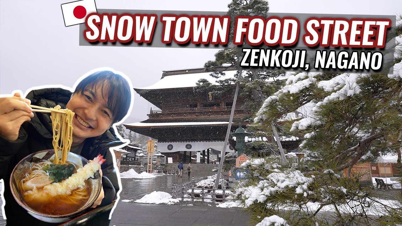 Snow Town Food Street and Beautiful Temple Covered by Snow 