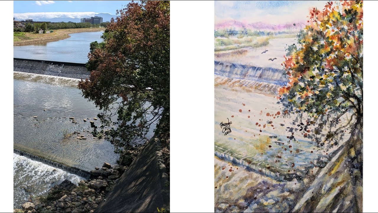 中壢老街溪台灣欒樹 Taiwan Golden Rain Tree Watercolor Autumn Landscape Tutorial 水彩秋季風景畫教學