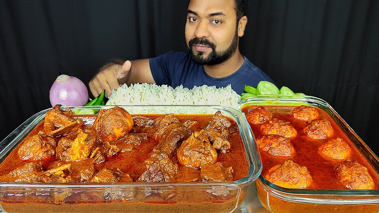 CHAMPARAN MUTTON CURRY, SPICY DUCK EGG CURRY, ONION, RICE, SALAD MUKBANG EATING SHOW | BIG BITES |