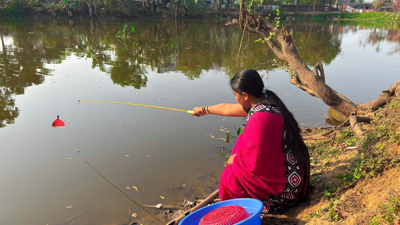 Fishing Video || The beautiful lady caught fish with a hook from the forest nature pond || Fishing