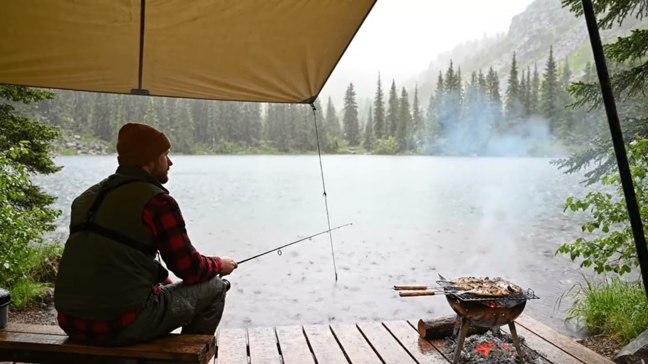 Bright Rainy Lake Ambience with Motionless Fisherman and Gentle Grill Sounds Under a Cozy Canopy