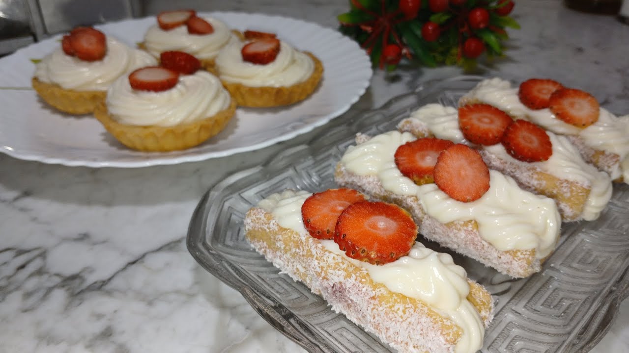 تارتولات بشكل جديد خفاف وناقصين حلاوة 🥰 مع كريمة خفيفة ومحشية بمعجون الفراولة مصنوعة في المنزل 🍓