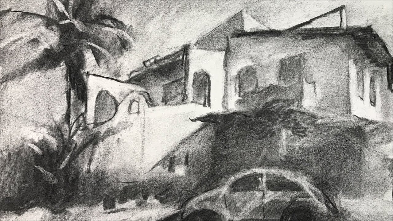 Landscape #12 - Landscape drawing of house and car with charcoal