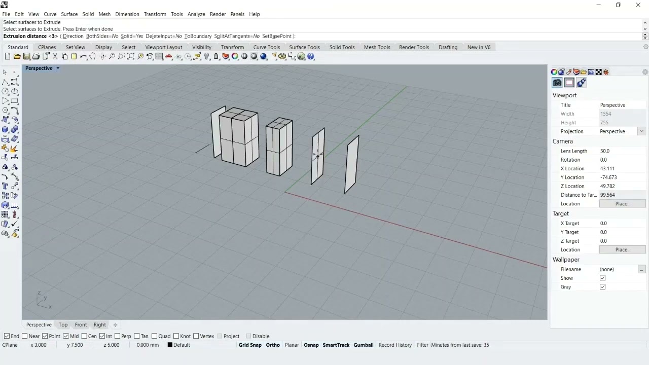 Rhino Beginner - Feature 1 - Line, Copy, ExtrudeCrv, ExtrudeSrf, Offset