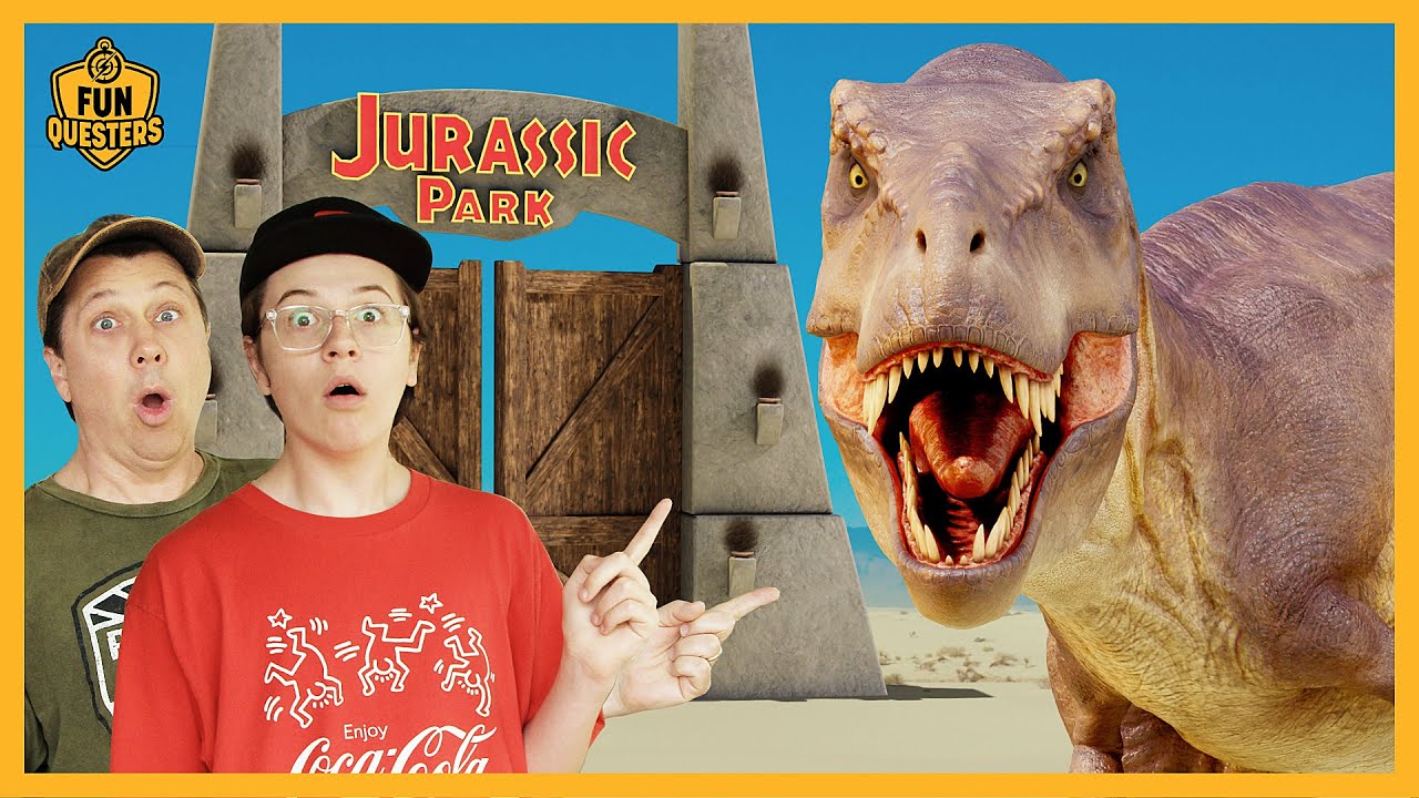 Giant T-Rex Dinosaur at the Jurassic World Rebirth Gate Chases FunQuesters Aaron & LB!
