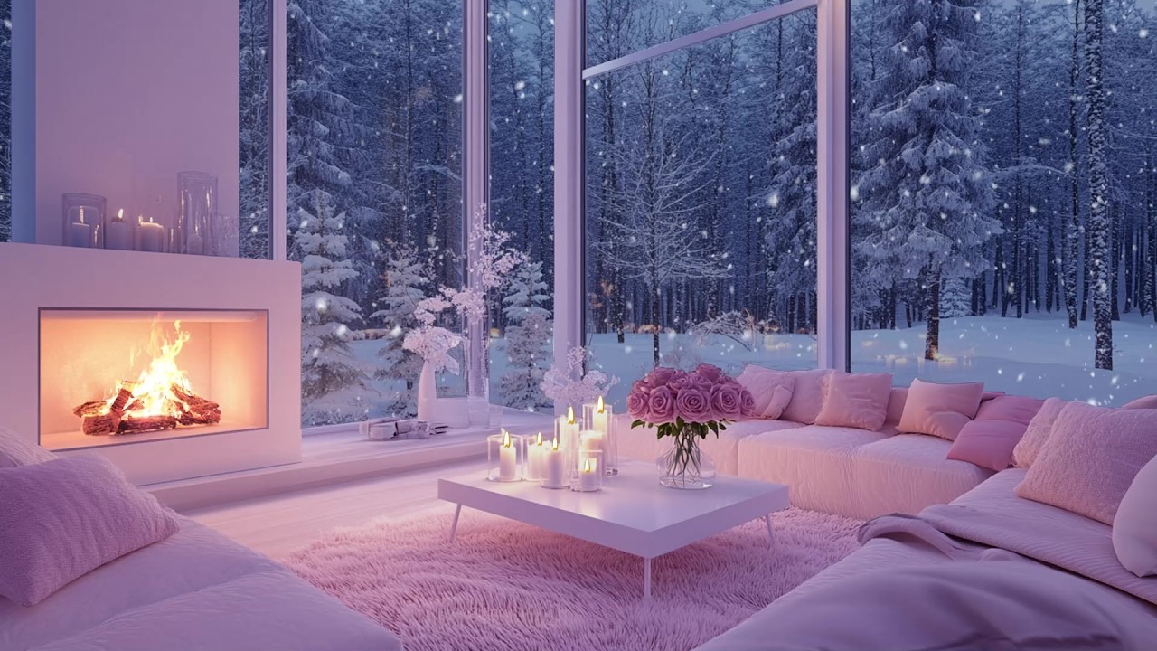 🌙🎹 Late Night Snow Piano Lounge | Snow Outside, Fire Glow & Flowers | Deep Focus Study