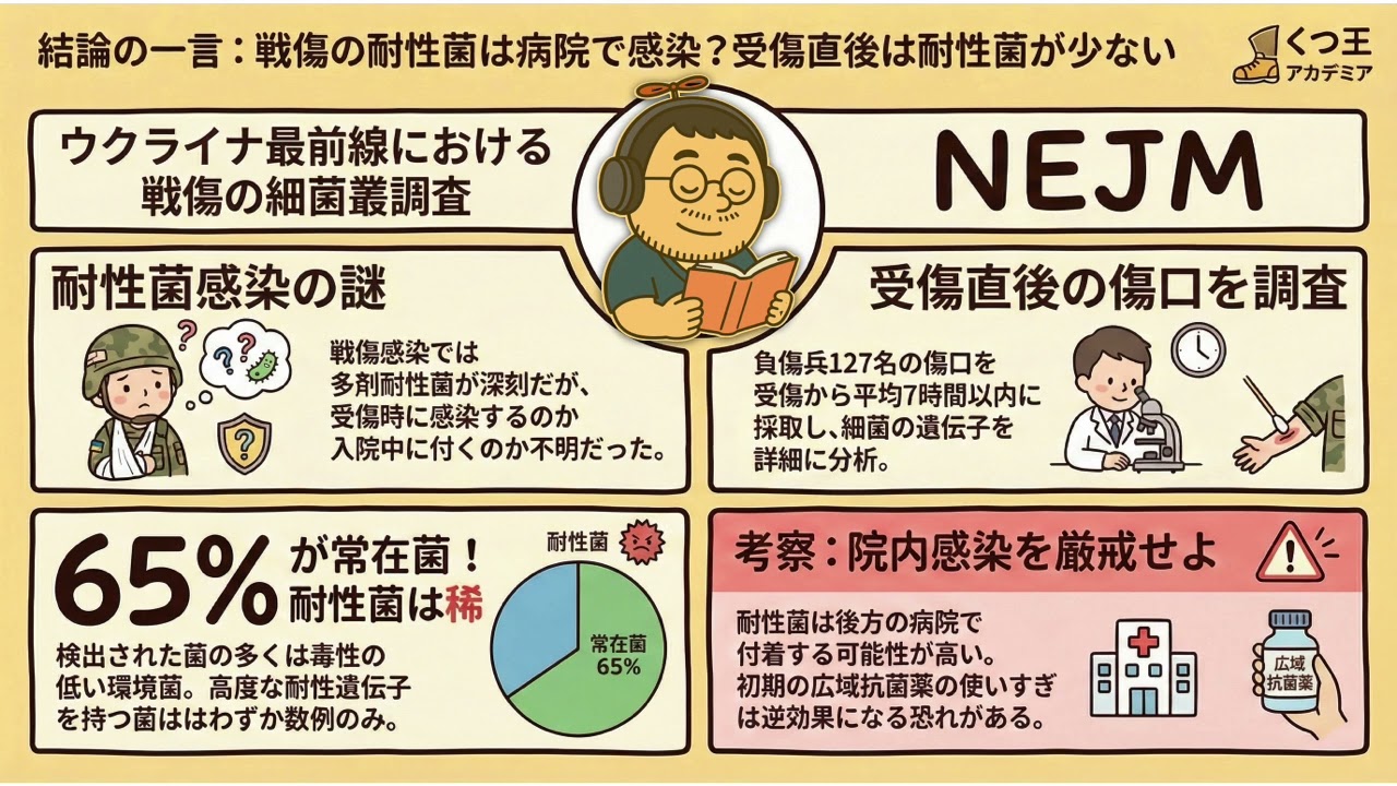 【医療者向け・音声のみ】ウクライナ前線の戦傷感染：受傷直後は常在菌が中心であり早期の広域抗菌薬投与は再考すべき　NEJM