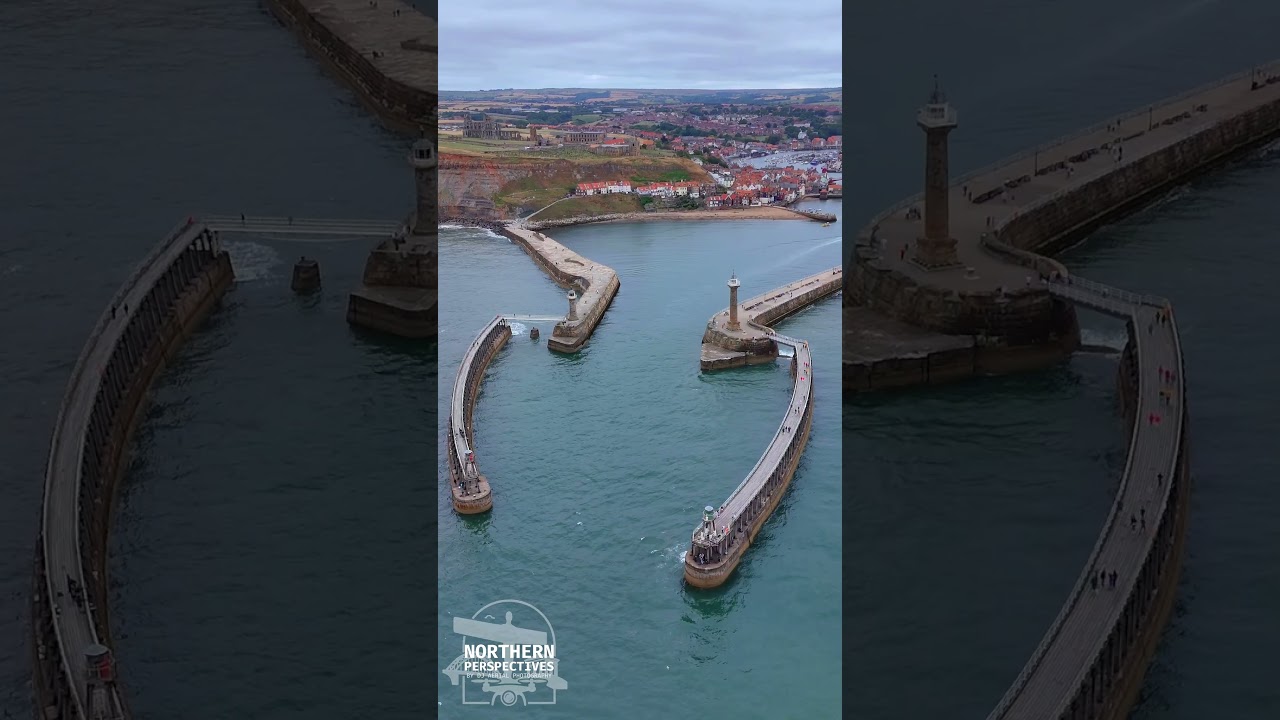 Whitby Piers and Lighthouses – Aerial Fly Around the Harbour Entrance
