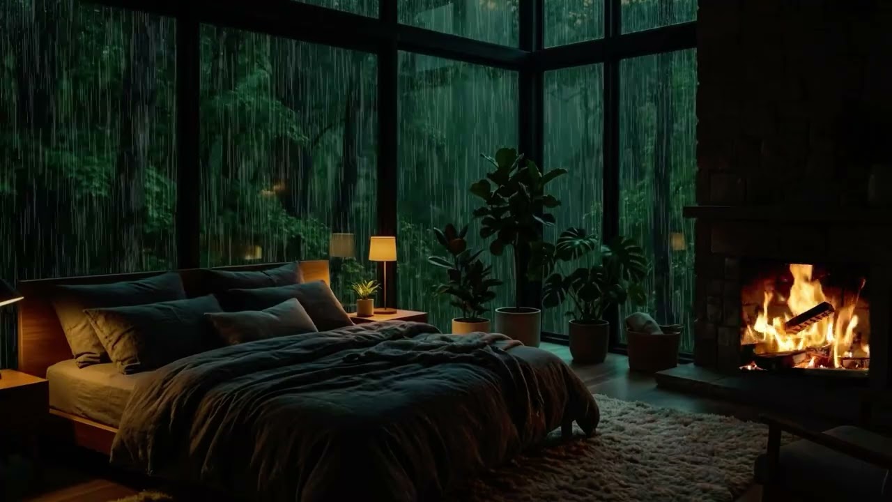 Rain Sound on Window, Fireplace & Thunder 🌧 Cozy Bedroom Ambience for Deep Sleep (10 Hours) No ads
