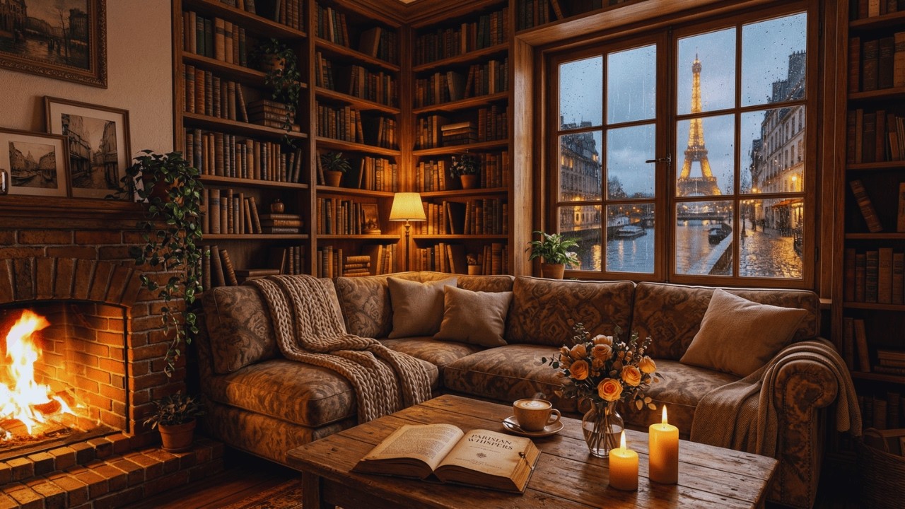 Cozy Spring Rain Café ☕ Soft Jazz Piano & Fireplace Sounds for Work & Relax