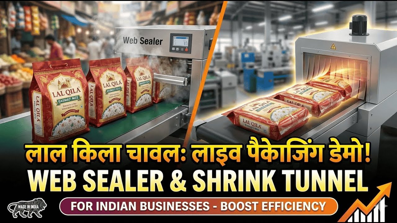Web Sealer with Shrink Tunnel Machine for Lal Qila Rice Pouches Working | Live Packaging Demo