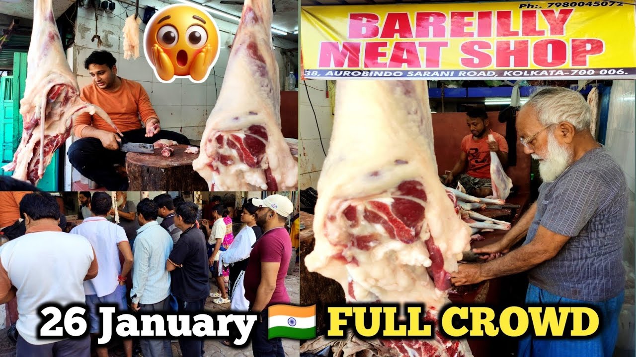 26 जनवरी 2025 FULL Crowd//Bareilly Meat Shop//Kolkata Mutton Dukandari//Mutton Cutting Skills//